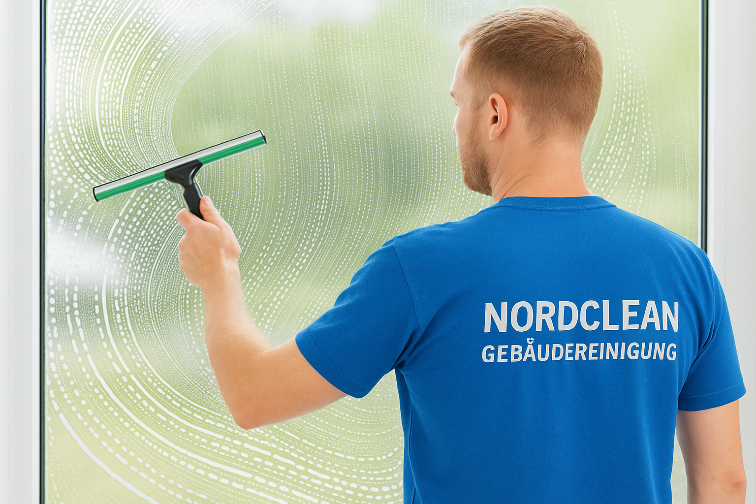 Mitarbeiter von Nordclean Gebäudereinigung putzt ein Fenster